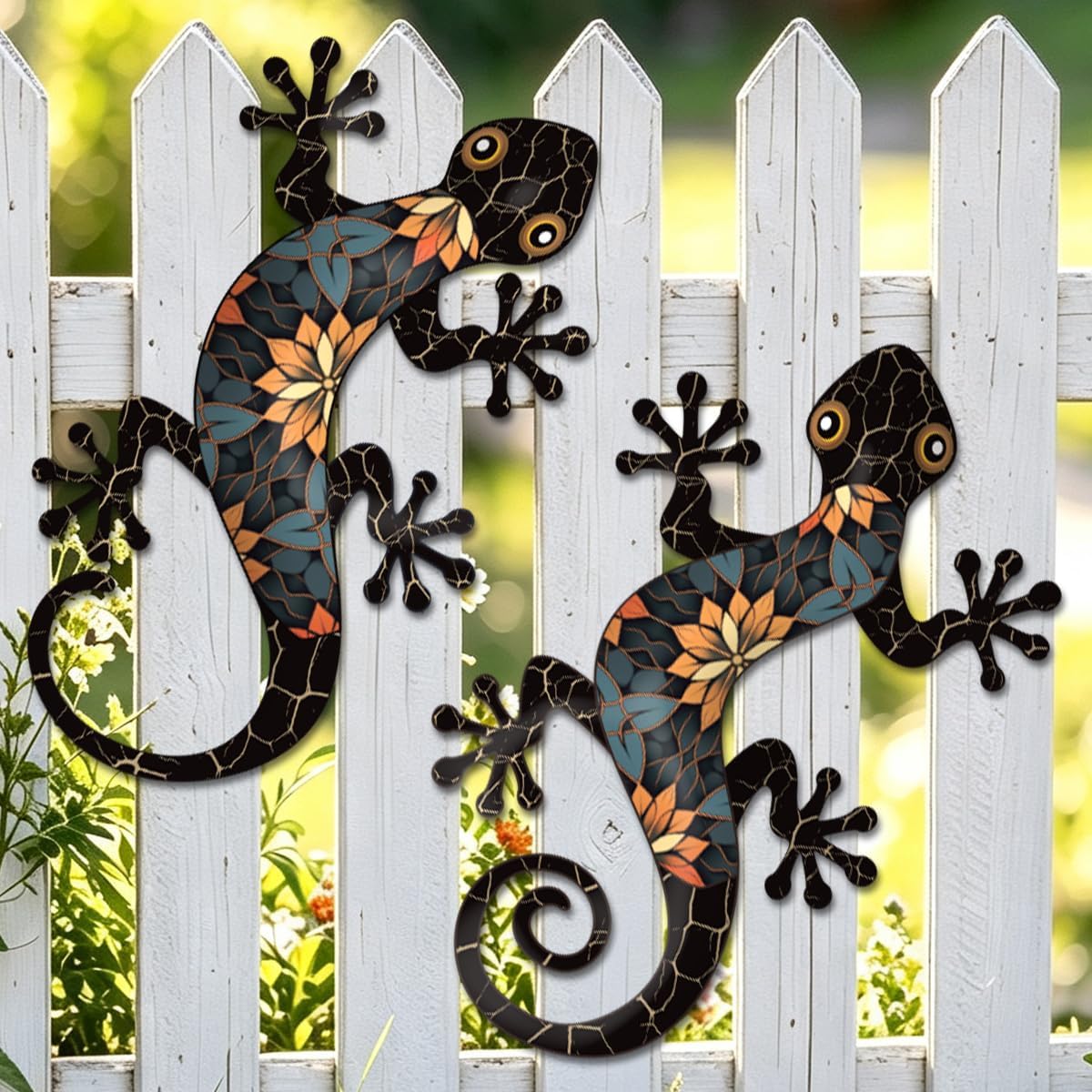 Metal Gecko Outdoor Wall Art, 2 Pcs 11.8 inch Gecko Wall Hanging Sculpture Decorations for Indoor or Outdoor, Garden Yard Fence Balcony Porch Home Wall Decor, Black Metal Wall Art Decor