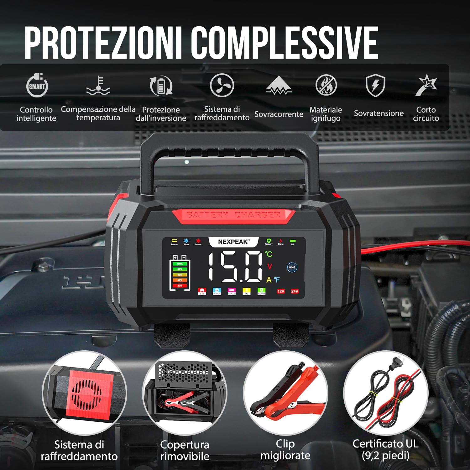 NEXPEAK NC315 Caricabatterie intelligente 12V15A/24V8A LiFePO4 AGM Gel Auto | Ricarica 9 fasi, Display LED e compensazione temperatura, Compatibile LiFePO4 e batterie piombo-acido