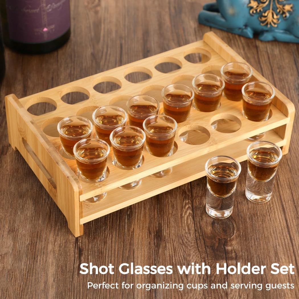 Lot de 24 mini verres à shot avec verres transparents de 11,3 g et plateau en bois, idéal pour whisky, cocktails, réunions sociales