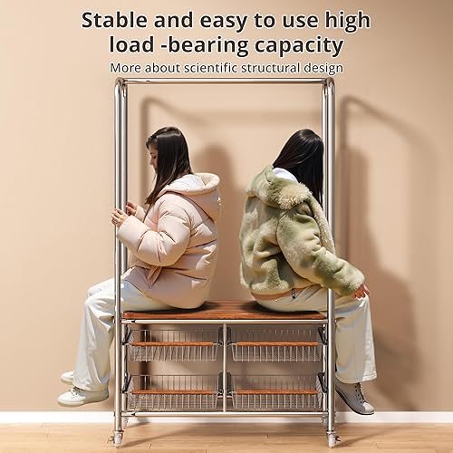 Miniatura 7 de Perchero de ropa con ruedas para colgar ropa, portátil, para interiores, armario, estantes organizadores, estantes de metal resistente, estantes de