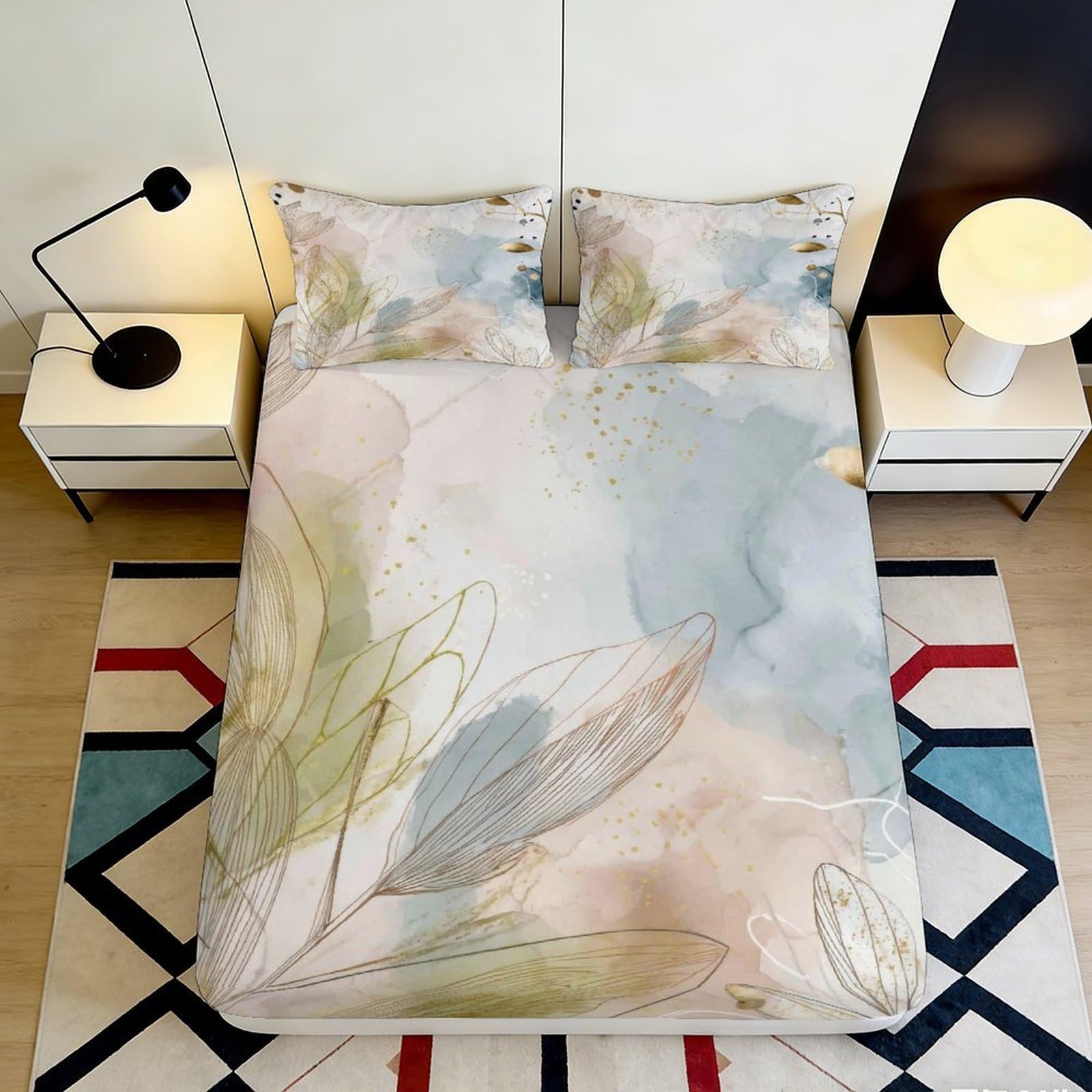 3D Printed Watercolor Floral Fitted Sheet Microfiber Soft Pastel Abstract Mattress Cover for Bedroom Dorm Home Decor 90x200x25cm