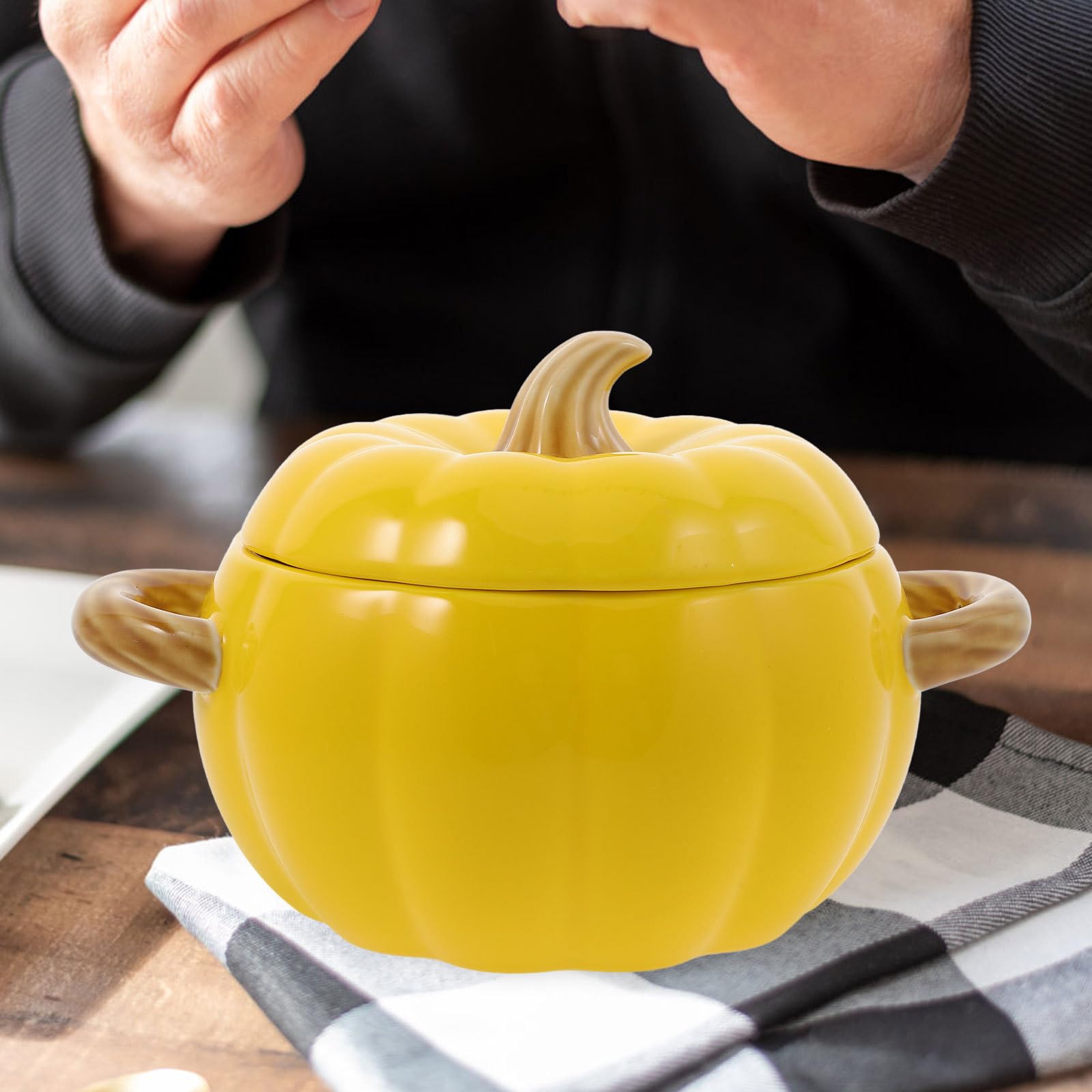 Cabilock Tazón de Sopa de Cerámica con Forma de Calabaza de 1500ml, con Tapa y Asas Dobles, Reutilizable y Conveniente para Uso en Casa o Restaurante