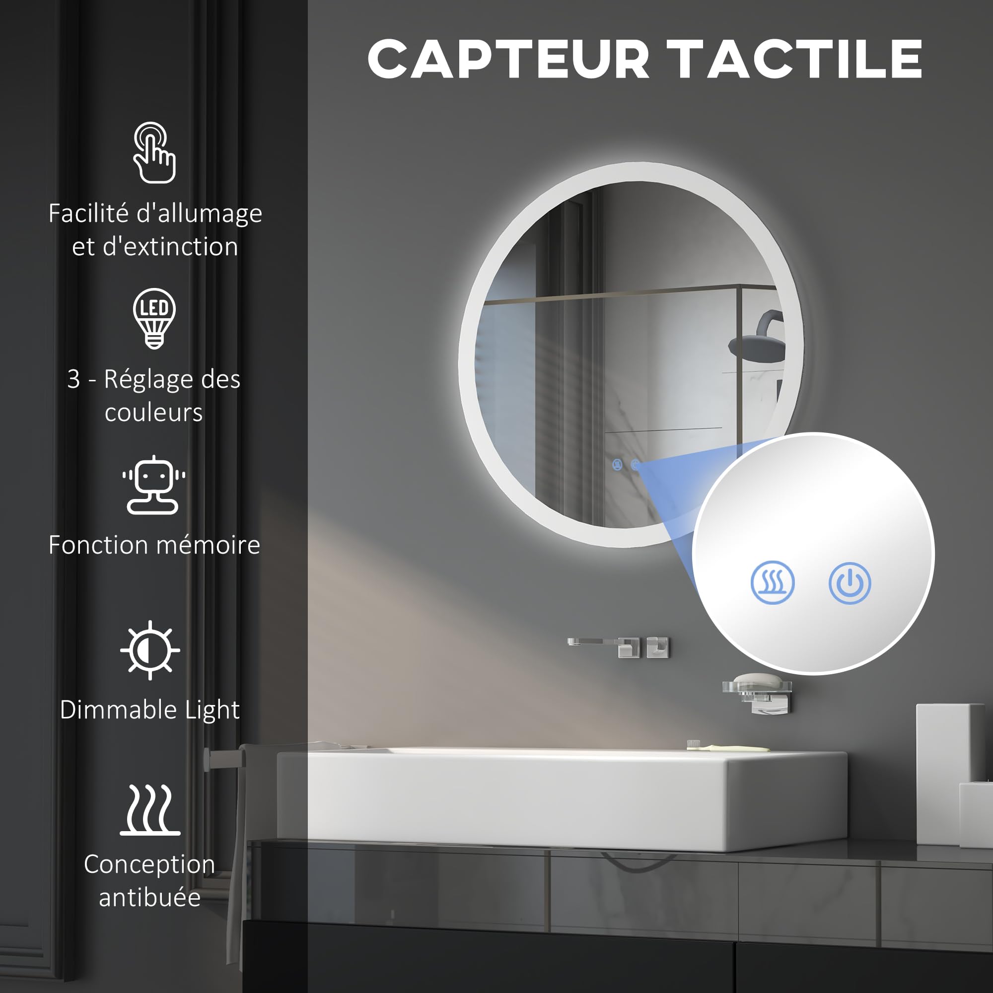 kleankin Miroir Rond Salle de Bain avec éclairage LED Ø 60 cm, Miroir Mural 29W avec Anti-buée, 3 Couleurs réglables, dimmable, Interrupteur Tactile, Fonction mémoire, Blanc et Argent