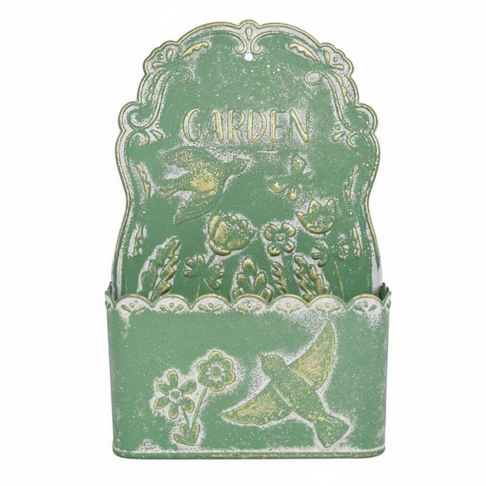 Jardinière Murale Pot Suspendu Support Suspendu Pot Support Plante en Métal Enduit avec Motifs Oiseaux Fleurs en Relief pour Compositions Traînantes, Vert