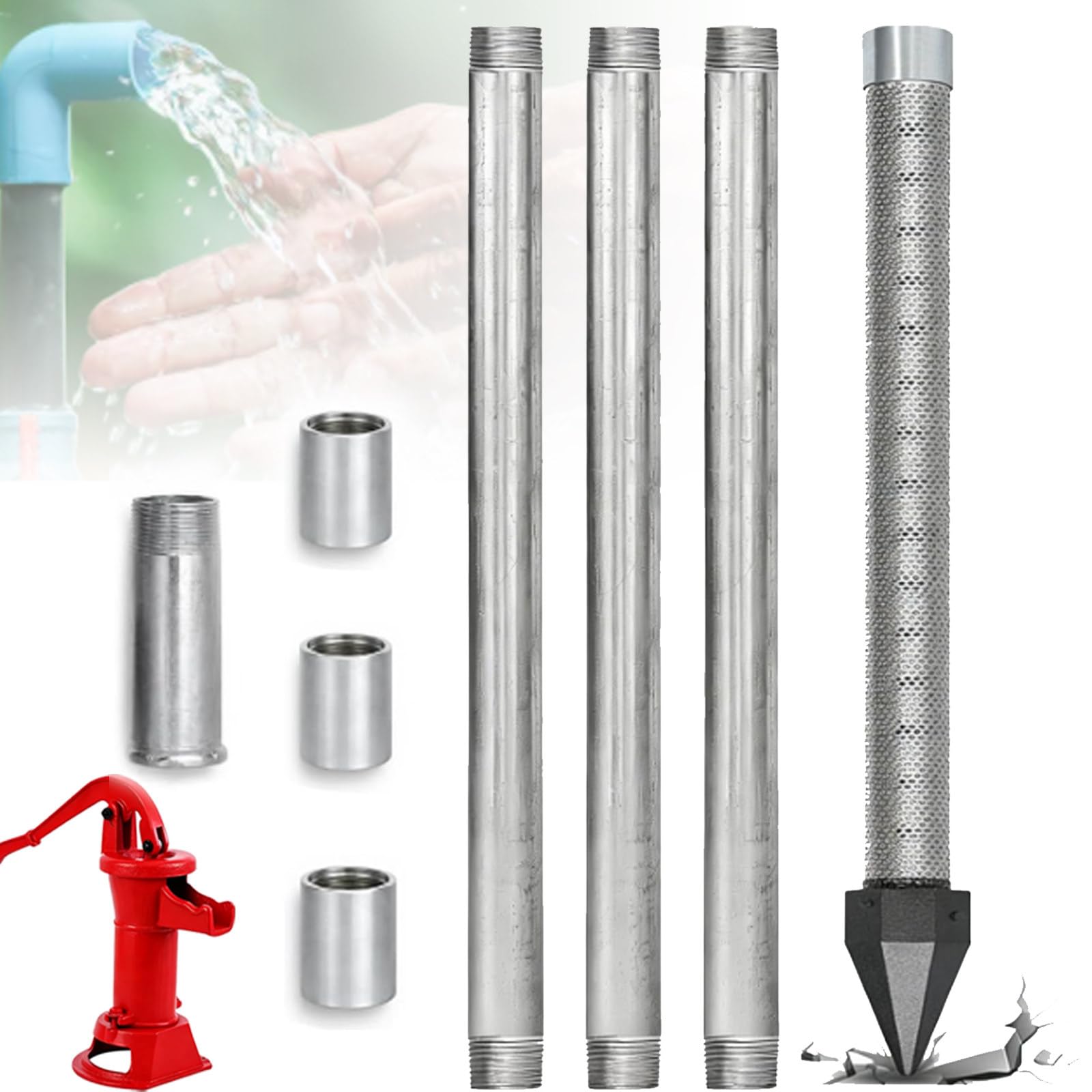 1-1/4" Stainless Steel Driven Point Well Kit, DIY Water Well Drilling Kit, with Galvanized Pipes and Drive Cap, for Garden Irrigation, Backyard Wells, and Emergency Water Supply 4M-WithWaterPump