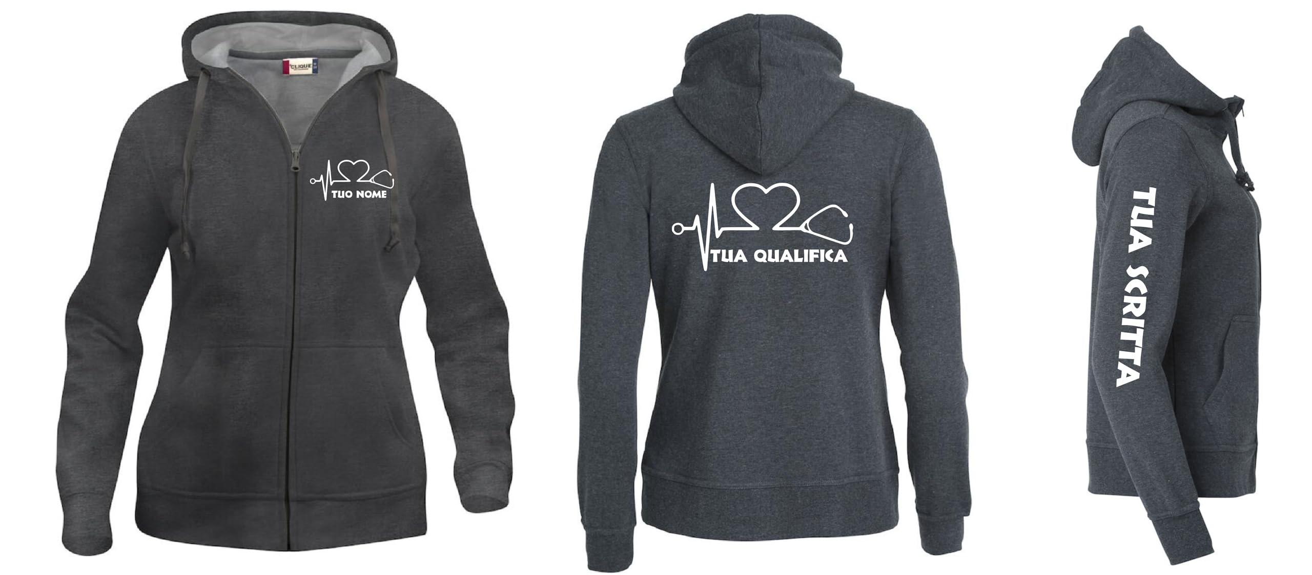 Felpa Infermiera Dottoressa Oss Stetoscopio Cuore | Felpa Da Donna Con Cappuccio e Zip Lunga | Personalizzabile Con Il Tuo Nome La tua Qualifica e Il Tuo Reparto | Scegli la Grafica PS 02203-002