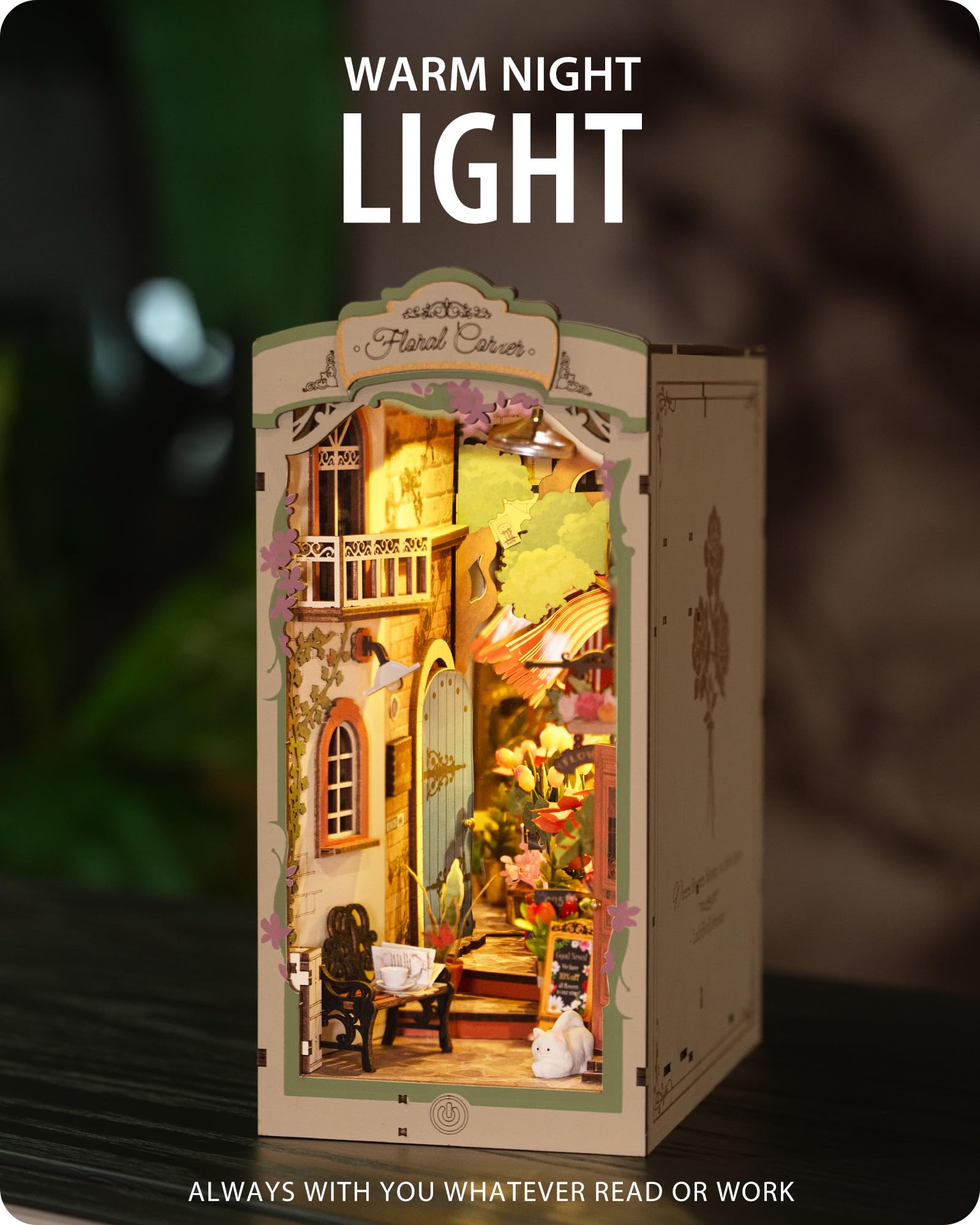 Rolife Book Nook Kit Angolo Floreale con Luci LED Kit Casa in Miniatura Fai da Te Puzzle 3D in Legno per Adulti per Costruire Libreria Decorazione Natale Regalo Compleanno
