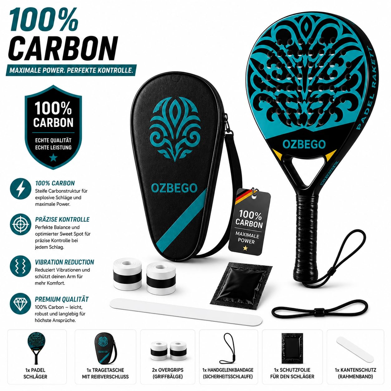 Pala de pádel de carbono completo con funda, 2 overgrips, muñequera y protector de pantalla – Ligero y duradero – Para principiantes y avanzados