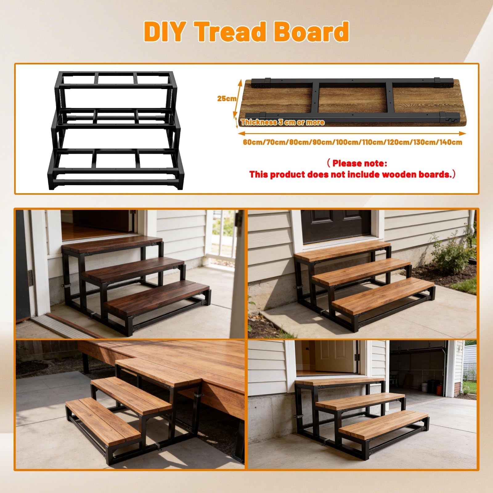 Peldaño de acero de 3 escalones, larguero metálico para peldaño de madera, soportes independientes para escaleras interiores y exteriores.(Ancho 80 cm)