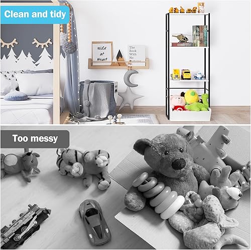 Miniatura 5 de LING RUI Estantería alta de 4 niveles, estantería estrecha para espacios pequeños, estante de madera y metal, organizador de almacenamiento para