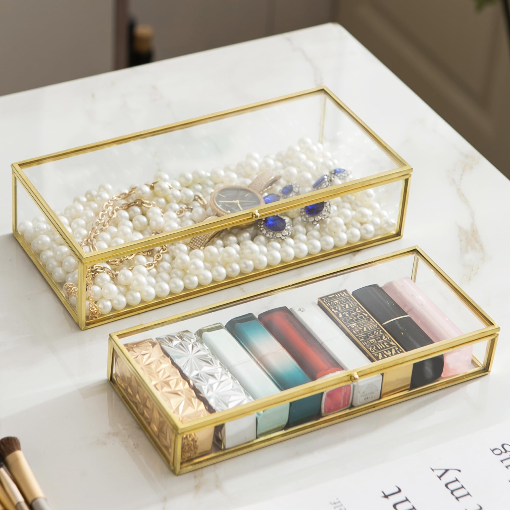 KendiisKendiis Glass Jewelry Box Set, 2pcs Vintage Rectangle Gold Keepsake Boxes Lipstick Organizer Box Vanity Lidded Box Home Decor Accent Decorative Box for Storage Trinket Rings Bracelet