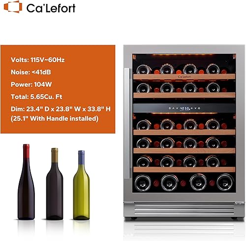 Miniatura 8 de Ca'Lefort Refrigerador y enfriador de vino  Refrigerador de vino de 24 pulgadas con 46 botellas, 40-65 F de doble zona para puerta de vidrio, 3 LED