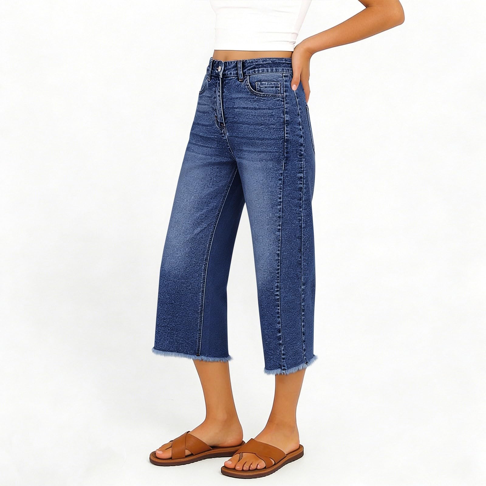 Jeanshose Damen Caprihose Denim Culotte Hose Hohe Taille Mit Fransen Saum