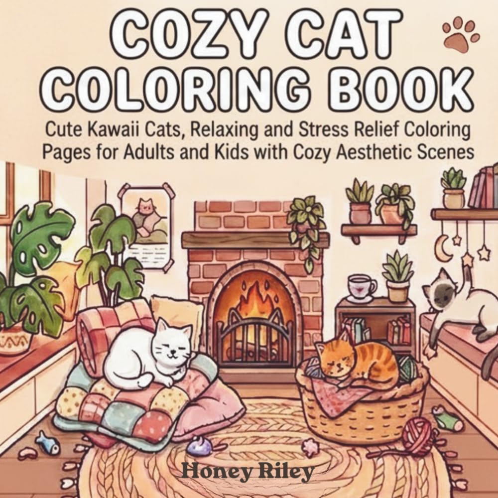 Cozy Cat Coloring Book: Cute Kawaii Cats, Relaxing and Stress Relief Pages for Adults and Kids with Aesthetic Scenes