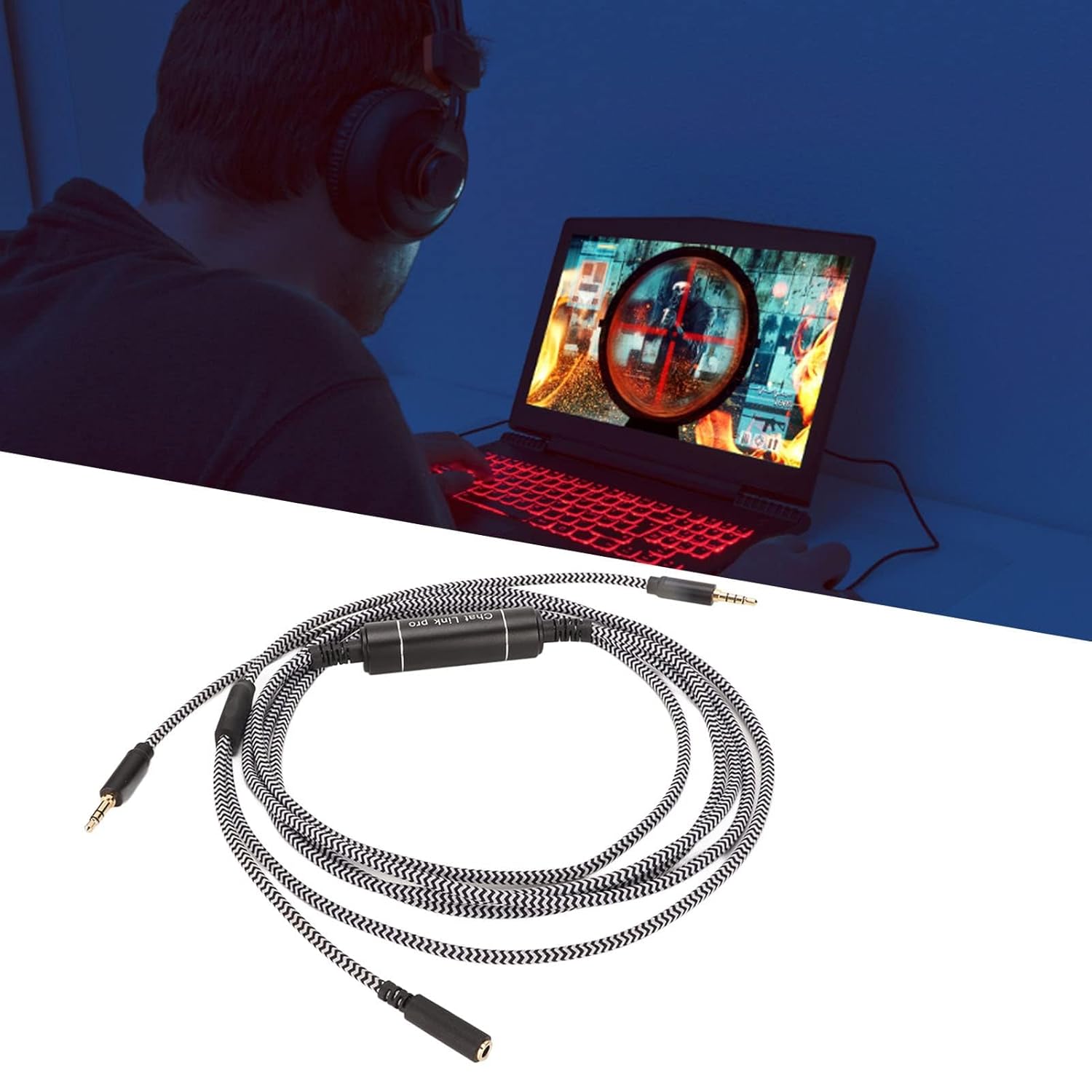 Chat Link Cable, External Nylon Braid Plug Play Replacement Chat Link Cable, Noise Cancellation 280Cm Chat Link Cable, for PC, Laptop, Gaming Headset