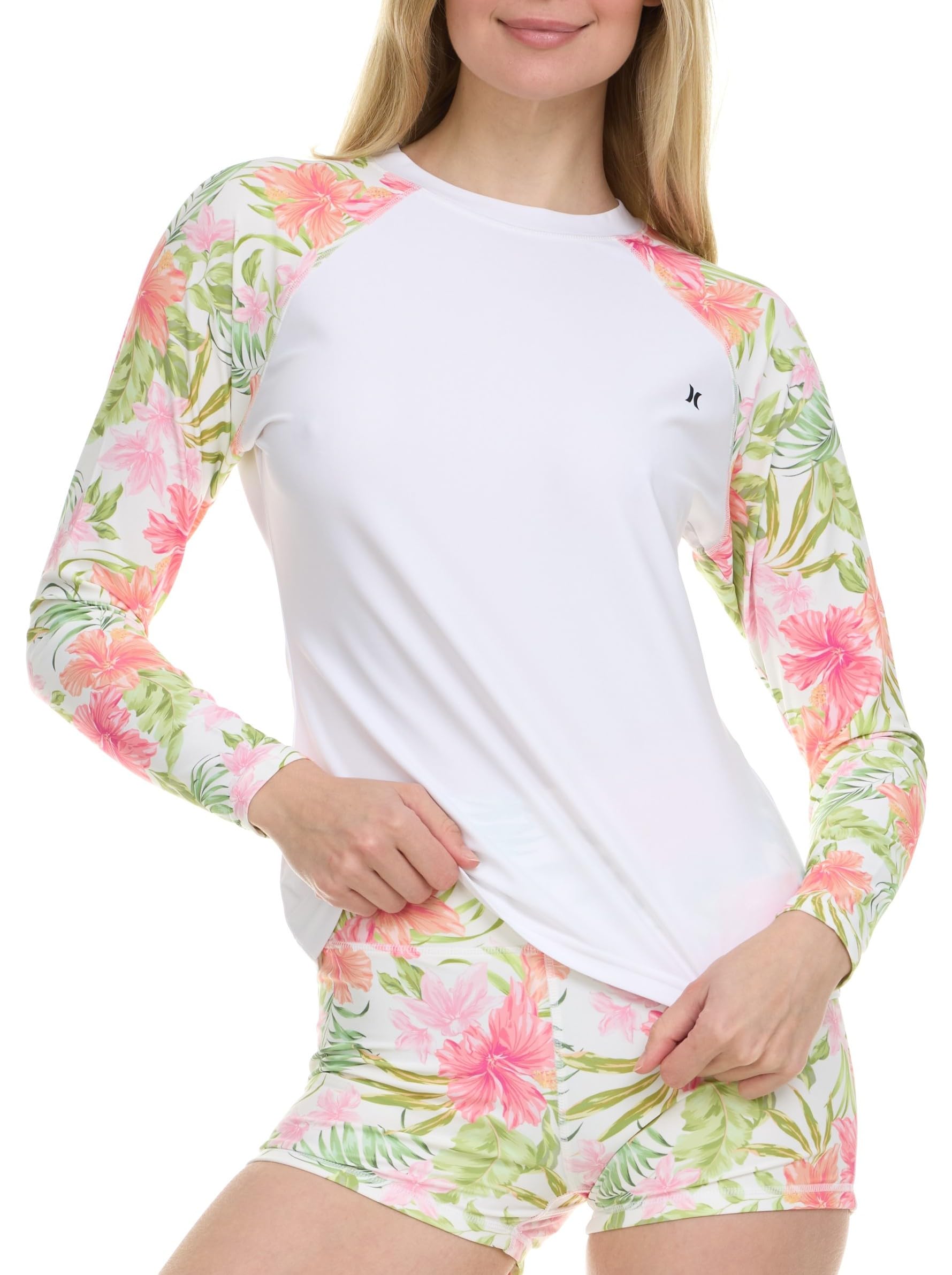 hurley womens two piece rash guard & swim shorts, long sleeve swim shirt, quick dry swimsuits upf 50+ spf sun & uv protection