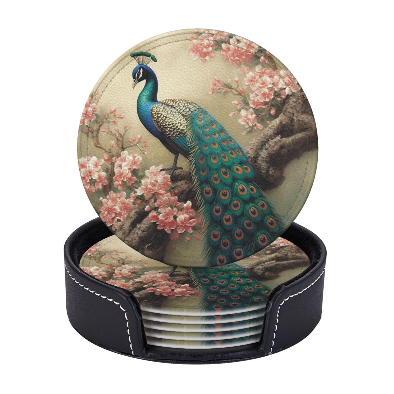 6PCS Drink Coasters with Holder, 4" Leather Coasters for Drinks, Oriental Peacock Cup Coasters for Coffee Table Decor, Non-Slip Drinking Cup Mat for Hot or Cold Drink