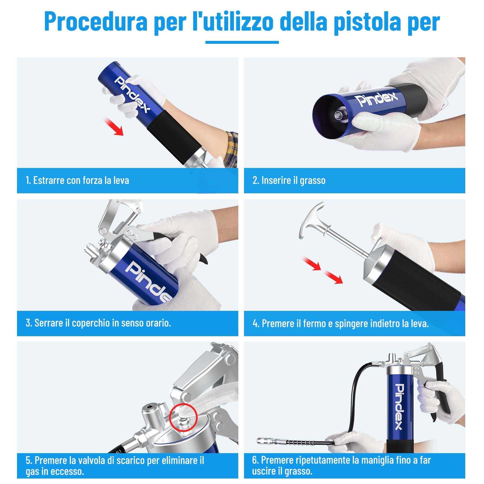 Pindex Ingrassatore Manuale con Ugello,Pistola per Grasso Manuale con Testina Ingrassatore per Cartuccia 400 gr,Pistola Ingrassatore con Ugelli per Ago,3 Tubo,Blu