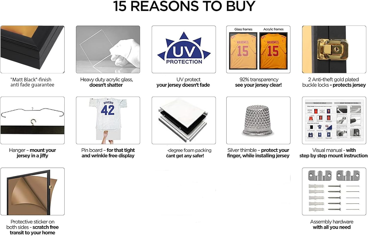 Jersey Frame Display Case 3 Pack-Wood Jersey Display Shadow Box- Lockable Jersey Frame with 2 Wall Hangers and UV Protected Acrylic for Football Baseball Basketball Jersey-Black