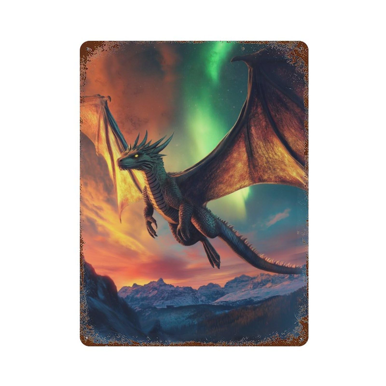Rust Effect Dragon Soaring at Sunset Retro Metal Sign 15.7"x11.8", Farmhouse Wall Decor for Living Room, Hallway And Home Decor