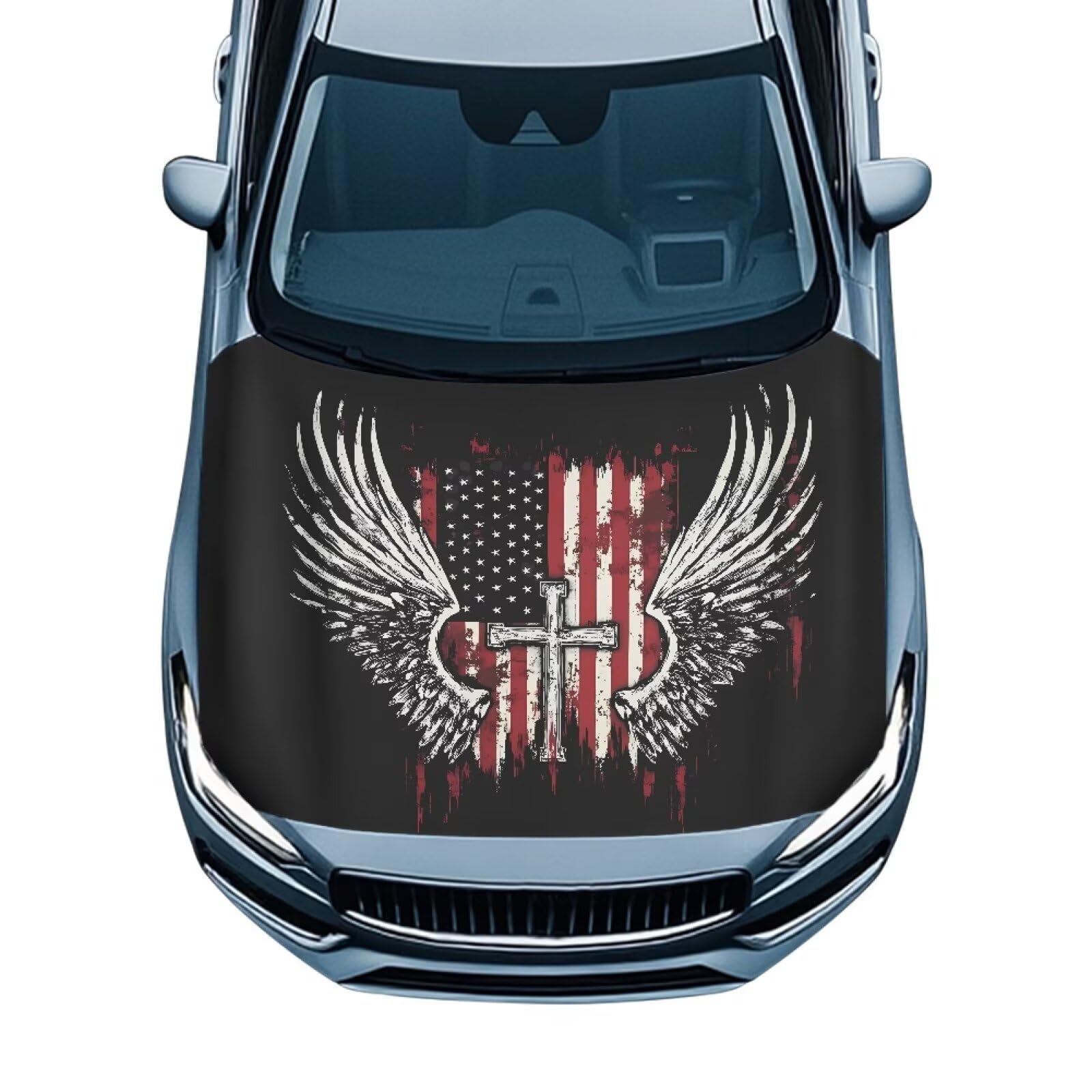 Cross Eagle American Flag Car Hood Cover Sunshade Windshield Hood All Season Protection Outdoor Foldable Protective Cover, Universal for Cars