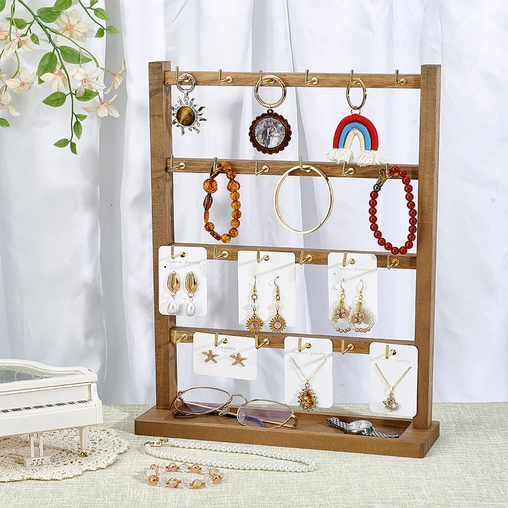 PH PandaHall Présentoir Bijoux Collier Bracelet Boucles D'Oreilles En Bois 4 Niveaux - 24 Crochets