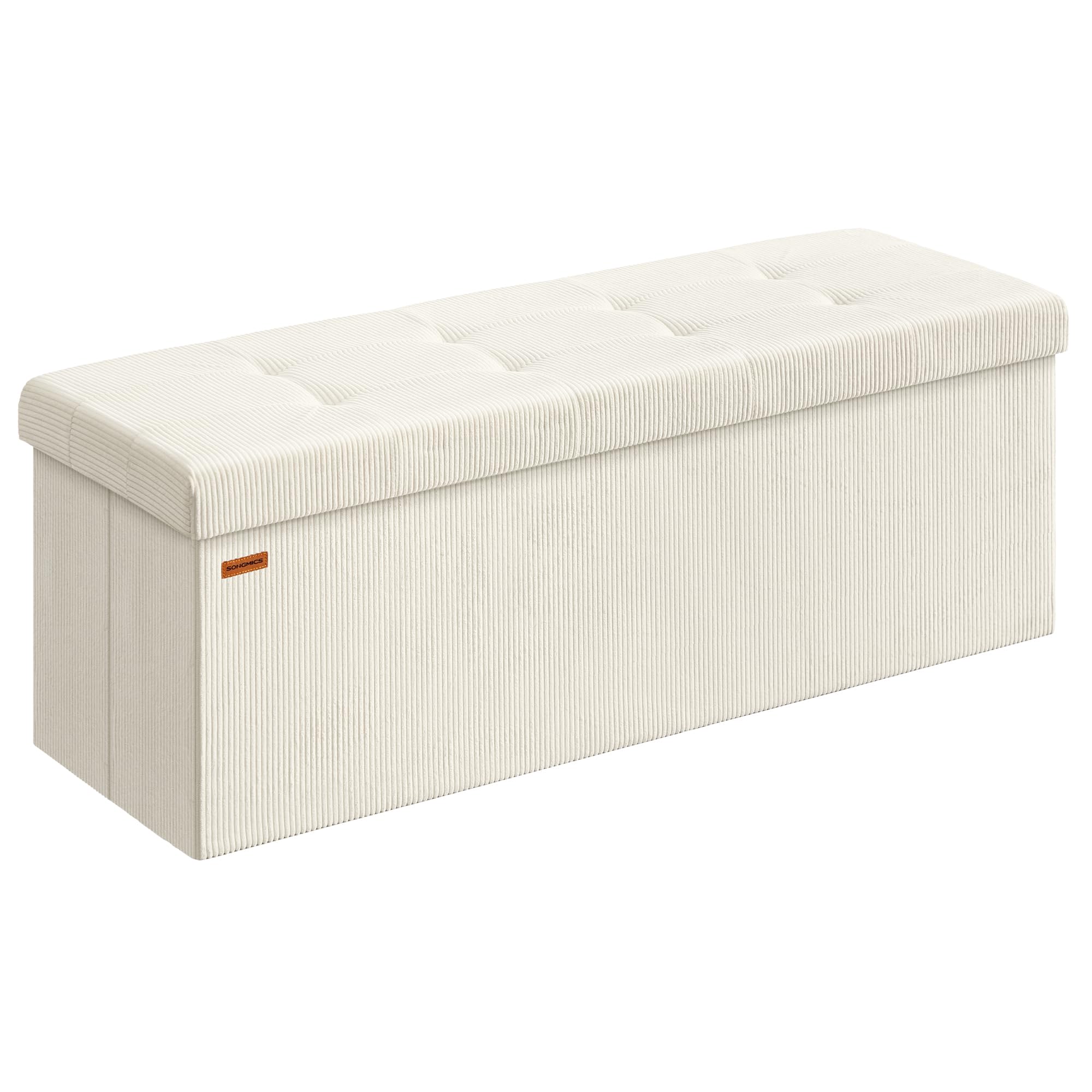SONGMICS Puff Almacenaje, Baúl de Almacenaje Plegable, 38 x 110 x 38 cm, Taburete Reposapiés, Banco de Cama, Soporta hasta 300 kg, para Sala de Estar, Dormitorio, Entrada, Blanco Crema LSF604W01