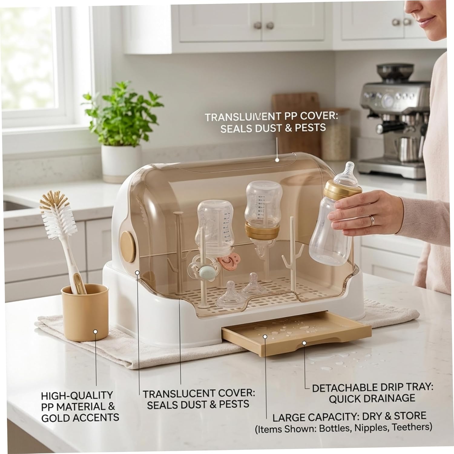 Large Capacity Baby Bottle Organizer for Countertop – Baby Bottle Storage with Removable Drying Tray for Nursery Kitchen (Brown)