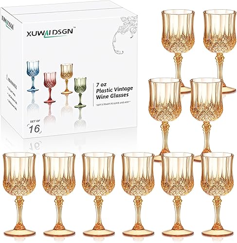 Miniatura 24 de XUWAIDSGN Copas de vino vintage de plástico de 7 onzas, vasos irrompibles para boda, copas de agua de cristal, vasos reutilizables, copas de champán