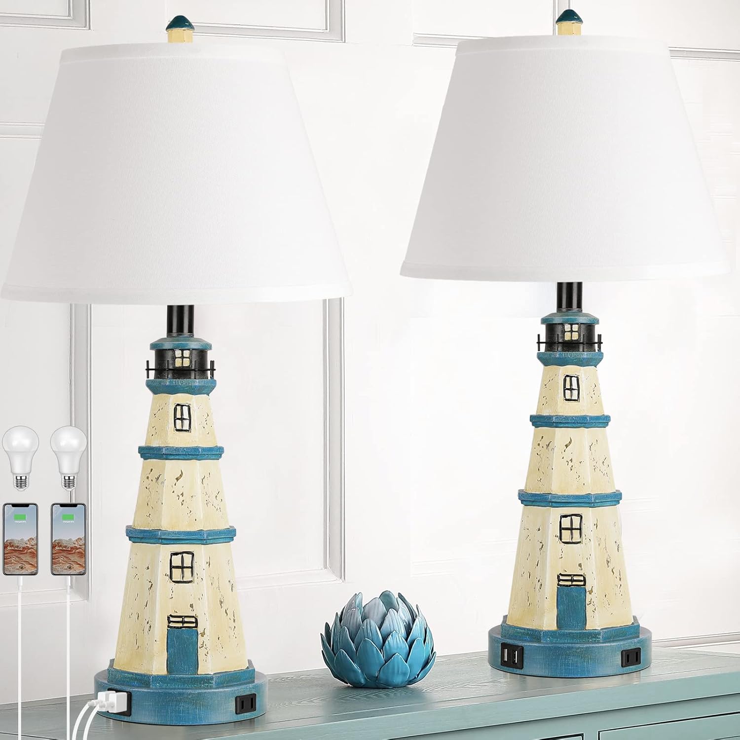 Table Lamps for Bedrooms Set of 2, 3-Way Dimmable Bedside Lamps with Dual USB Charging Ports, Modern White Blue Lighthouse Touch Control Nightstand Lamps for Living Bedroom, Bulbs Included - - 