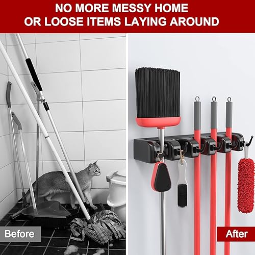 Miniatura 4 de LETMY Soporte de pared para escoba, soporte para fregona y escoba, estante de almacenamiento de garaje y organizador de herramientas de jardín, 5