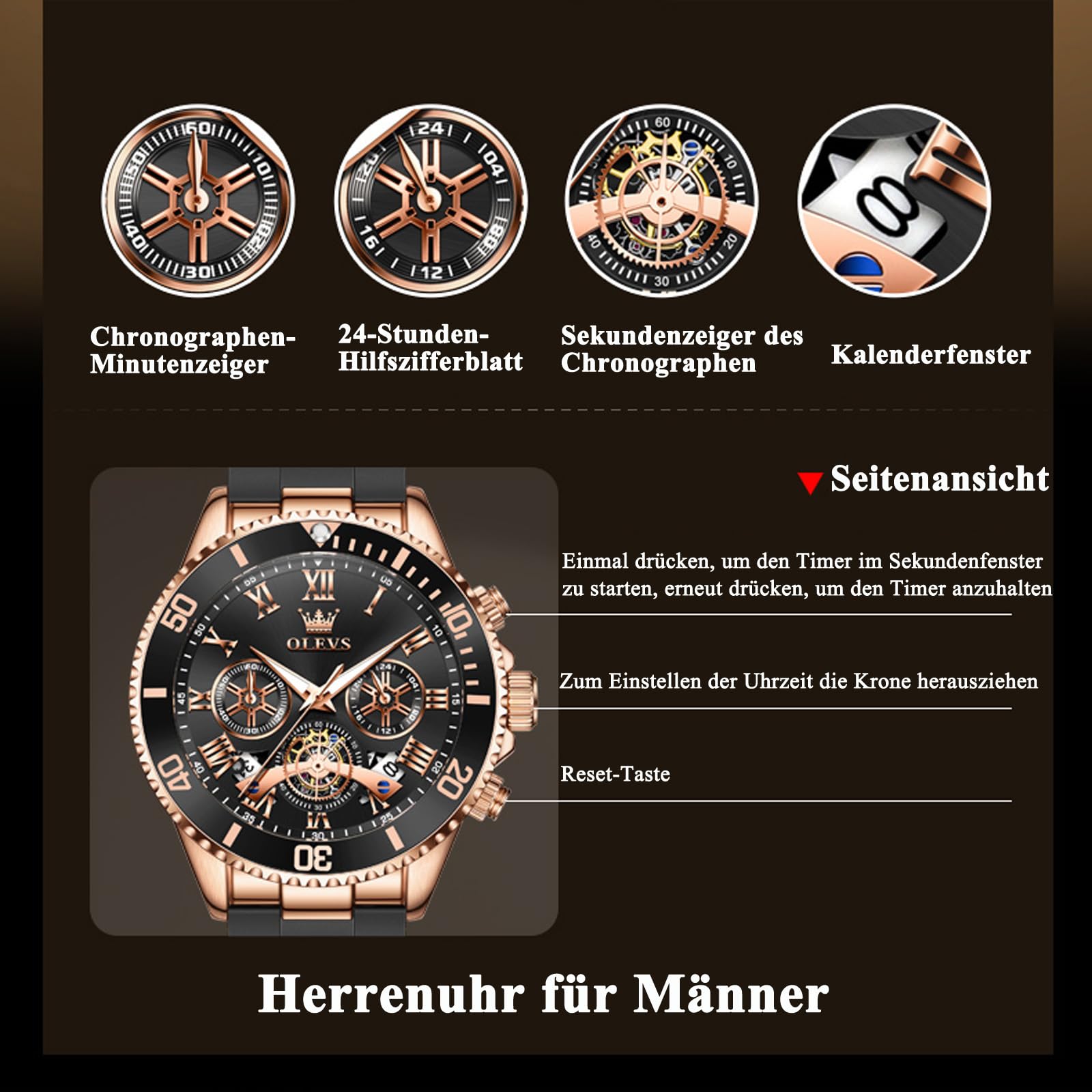 OLEVS Herren Quarzuhr Chronograph Silikonarmband 30M Wasserdicht Armbanduhr