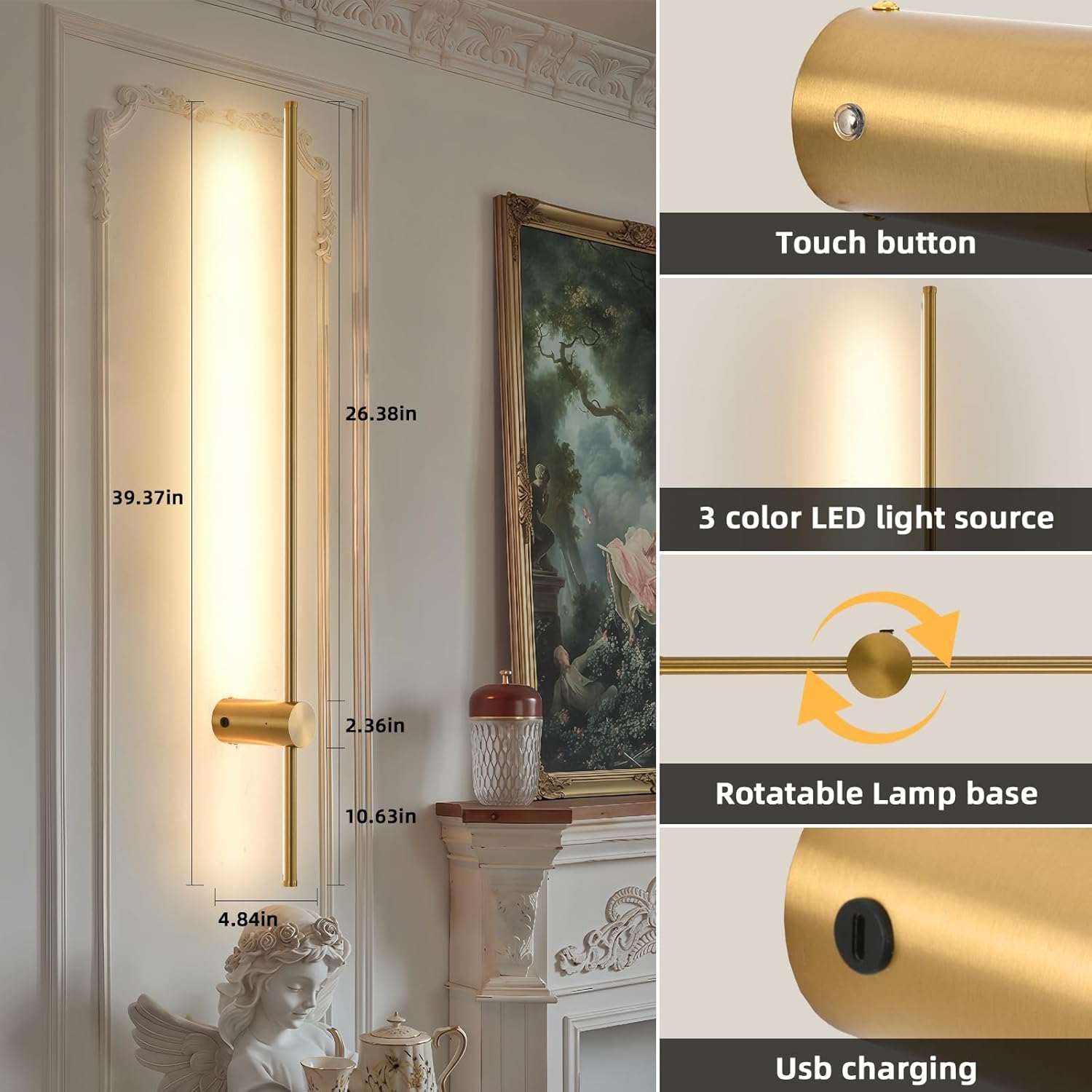 Battery Operated Wall Sconce USB Rechargeable Sconces, 39.3" Brushed Gold Wireless Wall lamp Set of 2, 3000K-6000K & Dimming with Remote Control, LED Wall Lights for Living Room, Bedroom