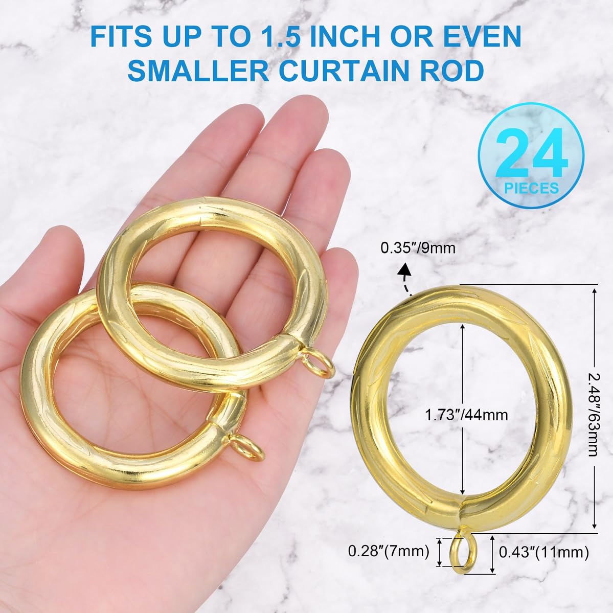 Anello per tenda in metallo extra spesso, diametro interno 4 cm, con occhielli, adatto per aste fino a 3,8 cm di diametro 0,9 cm (oro, 24 pezzi)