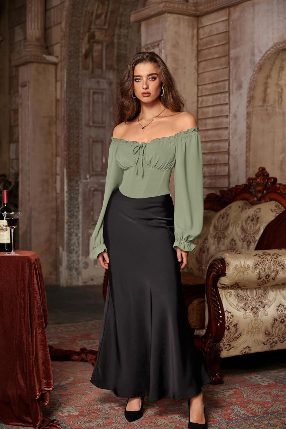 Scarlet Darkness Vintage Corset Tops for Women Renaissance Blouse Off Shoulder Long Sleeve Top - Image 5