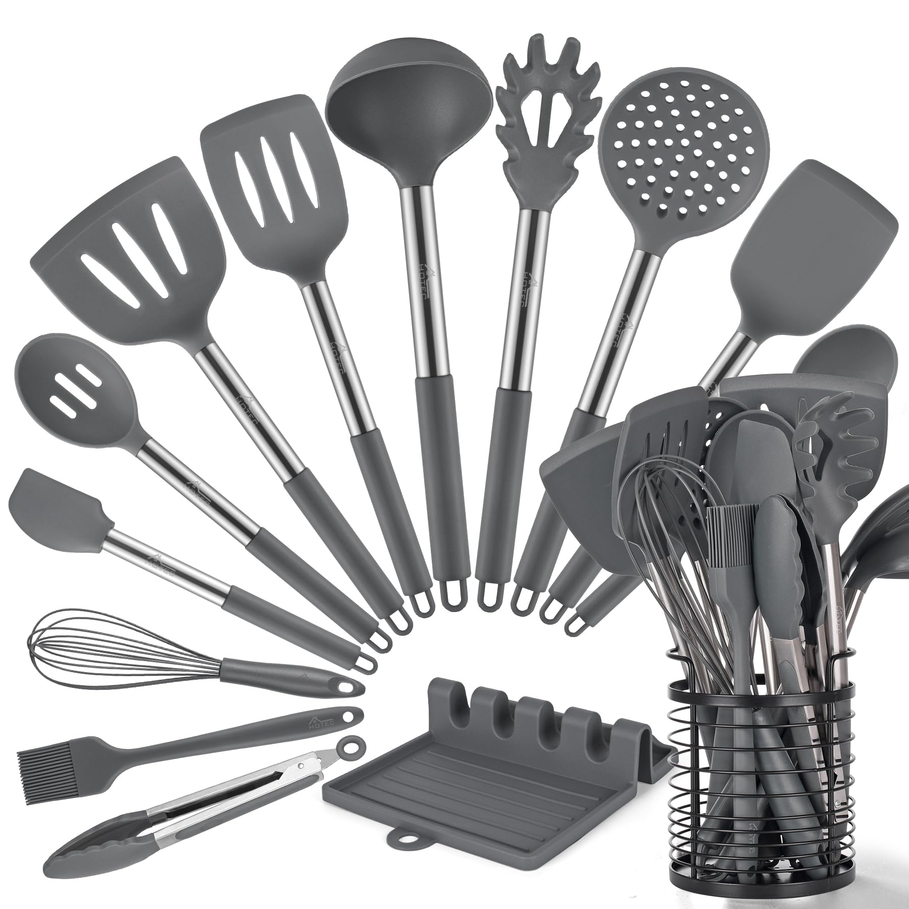 HOTEC Heat Resistant Silicone Kitchen Utensils, Cooking Utensil Set, Spatula Set, BPA Free, Kitchen Gadgets, with Stainless Steel Utensils Holder, Dishwasher Safe, 14pcs Grey