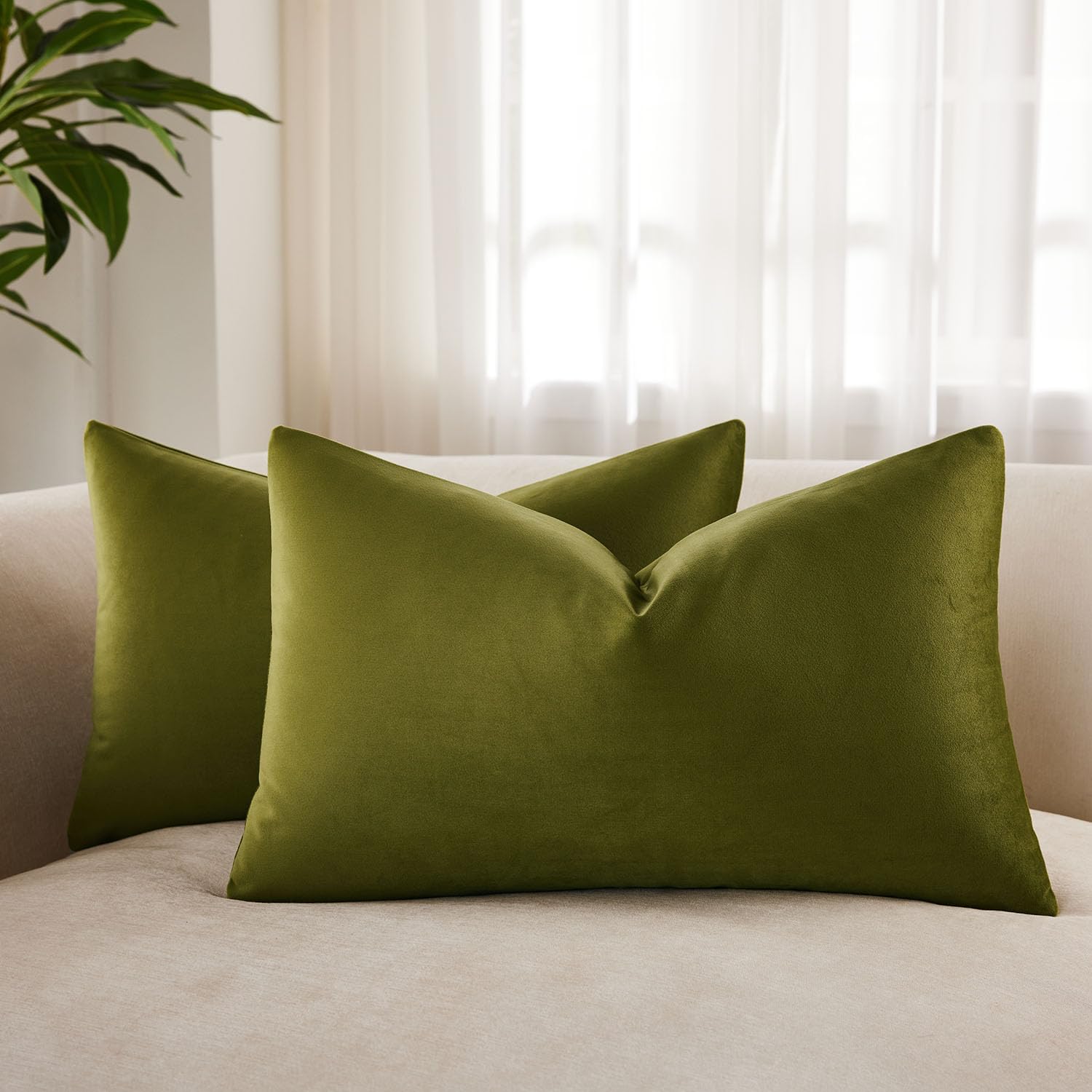 JUSPURBET 12x20 Lumbar Velvet Throw Pillow Covers Set of 2,Olive Green