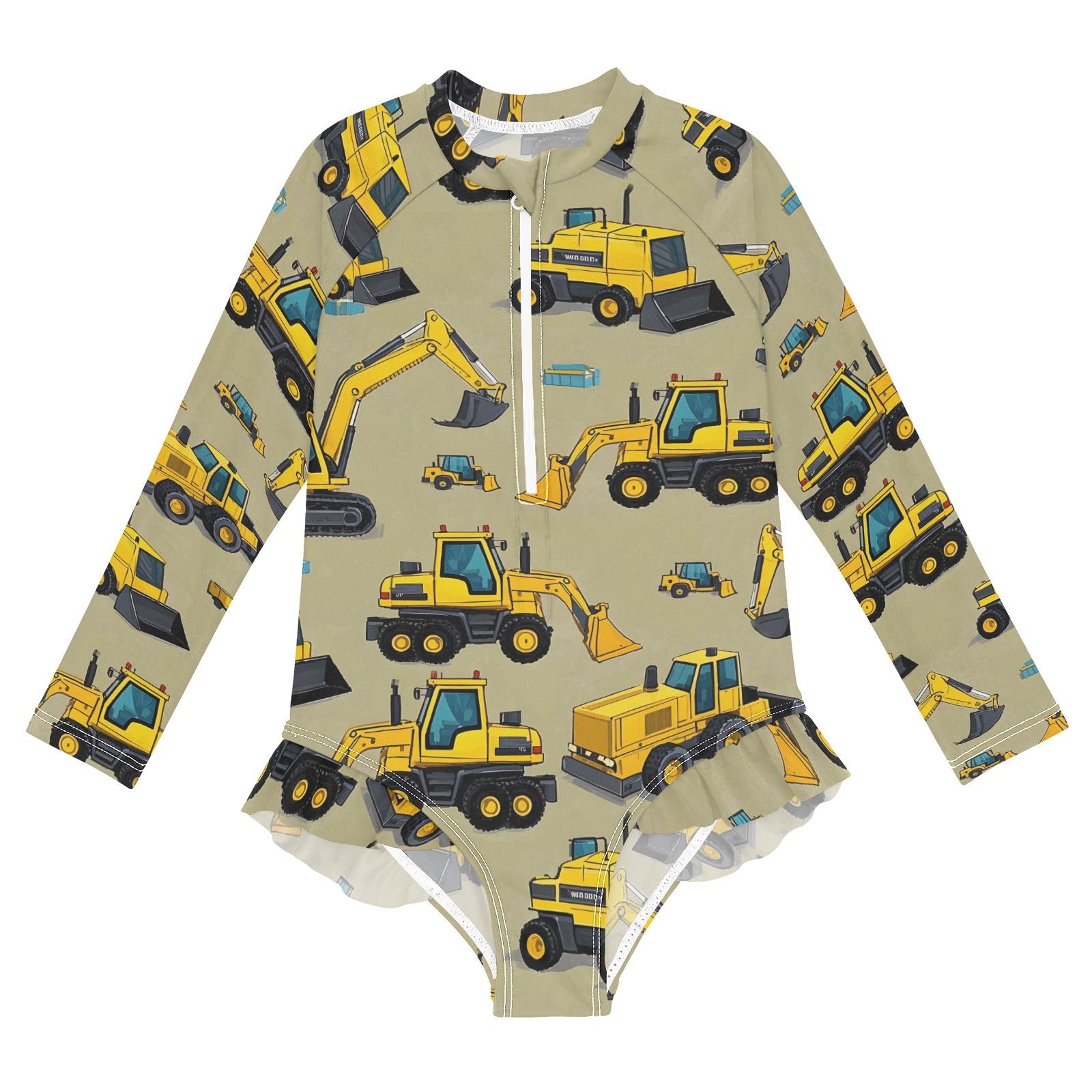 ALAZA Toddler Swimsuit Girl Bathing Suit Swimwear Rash Guard Engineering Vehicle Excavator Long Sleeve 3T