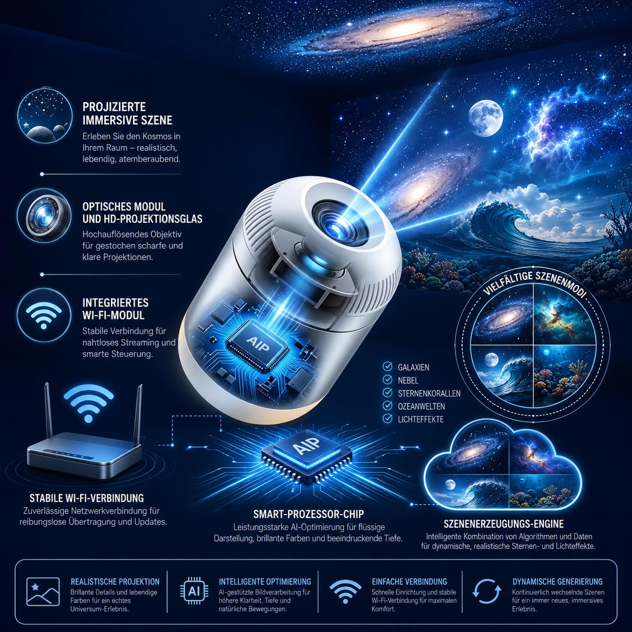 Comauo Nachtlicht Projektor 2-in-1 Sternenhimmel-Projektor USB Dimmbar (24 Projektionsfolien)