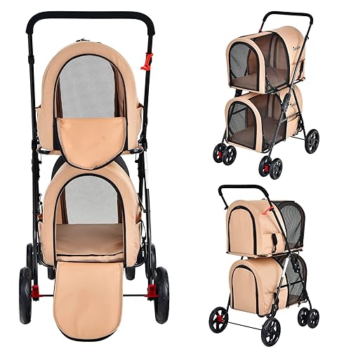 Miniatura 2 de PETSITE Cochecito doble para perros, cochecito plegable para mascotas para 2 perros y gatos, tamaño pequeño y mediano con transportador desmontable