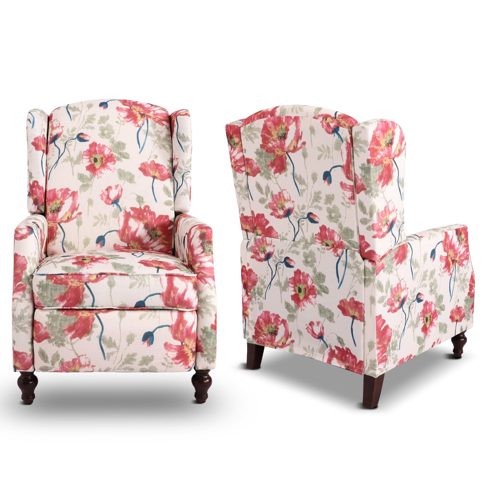 GUEAPY Upholstered Wingback Chair Push Back Recliner for Adults Mid Century Modern Manual Recliner Chair for Living Room, Bedroom (Red Floral, 2PCS)