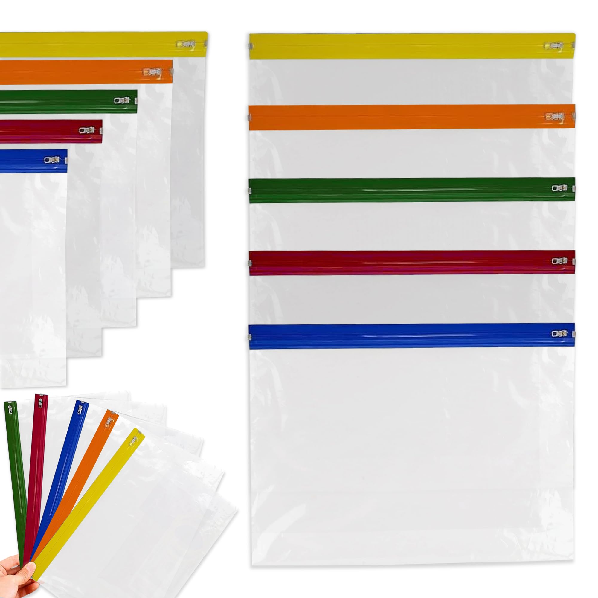 Pack of 10 A4 Plus Waterproof Zip Bags – Clear Plastic Wallets with Writable Label Panel & Colour Zip – Reusable Ziplock Pouches for School, Office, Travel, Artwork, Documents & Stationery Storage