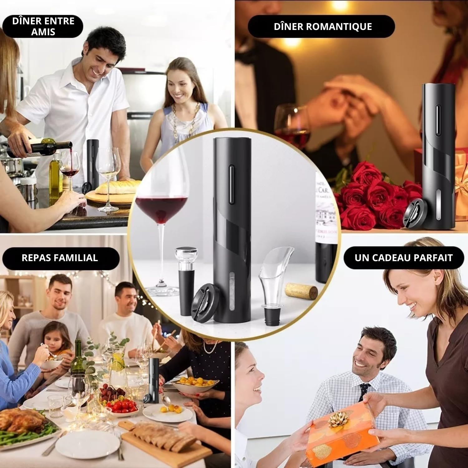 Tire Bouchon Electrique Rechargeable, Ouvre Bouteille Automatique, Coupe-Capsule, Chargeur USB, Verseur Aérateur, Bouchon à Vide, Coffret Cadeau Homme
