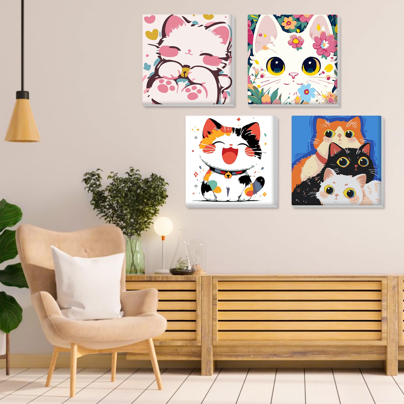 EOBROMD 4 Pezzi Dipingere con i Numeri Adulti Bambini Gatto, Cartoon Paint by Numbers Kits, Tela Senza Rughe con Pittura con i Numeri, Tra Cui Cornice in Legno, Decorazione Domestica 20x20cm