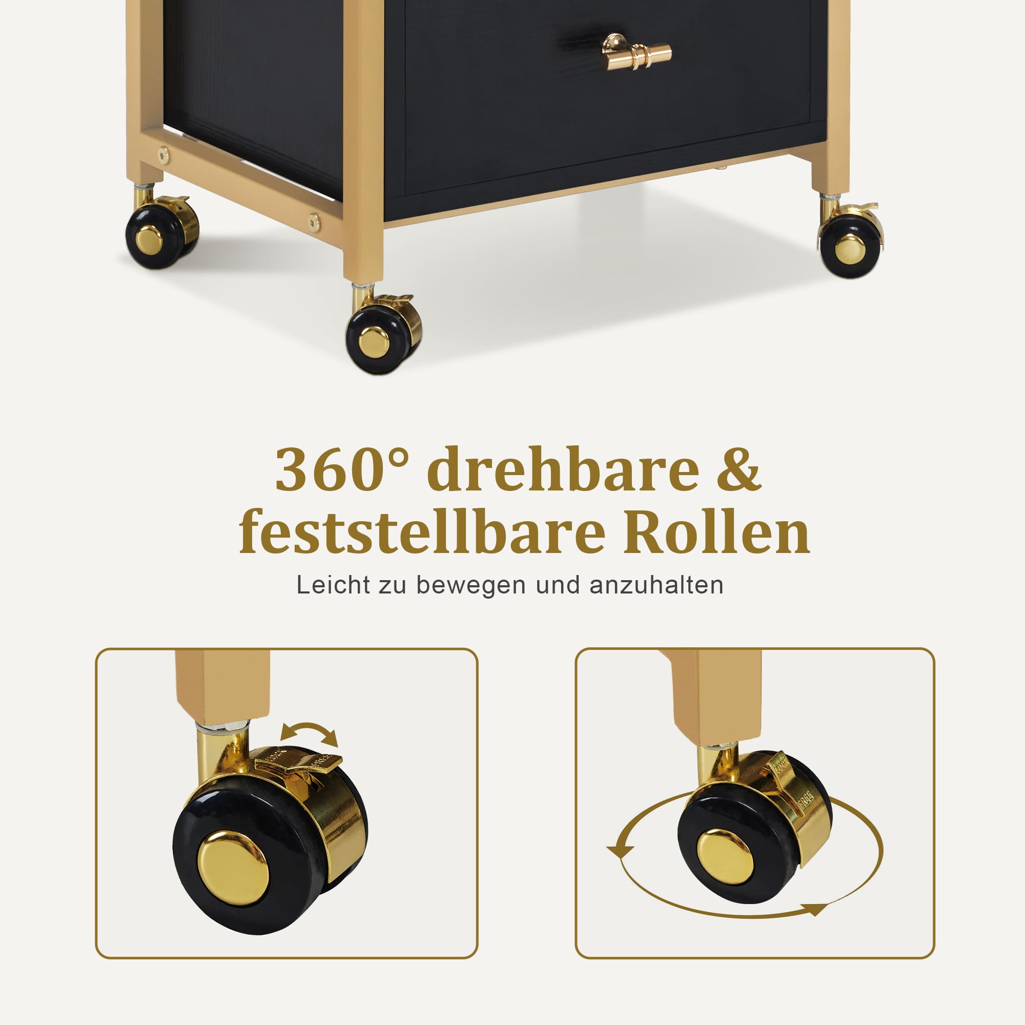 M MCombo Friseurwagen mit Rollen & 3 Schubladen, Rollwagen Servierwagen, Salon Trolley, 30x40x95cm, Schwarz-Gold