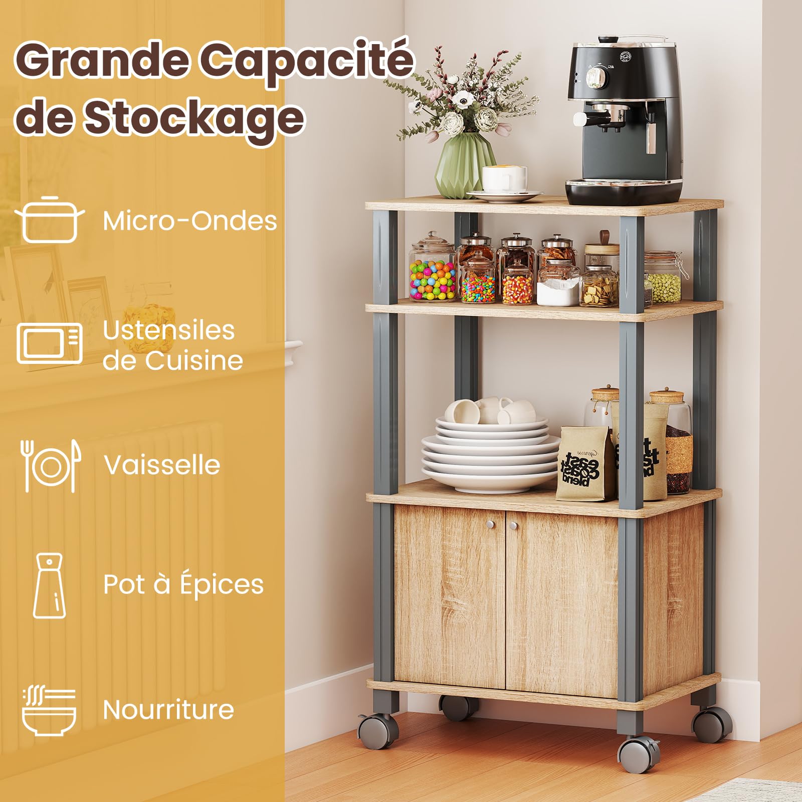 COSTWAY Desserte Micro-Onde à roulettes, Chariot de Cuisine, Meuble de Rangement 2 Niveaux d'étagères Ouvertes et d'Armoires, 60 x 40 x 98 cm, Naturel (Naturel)