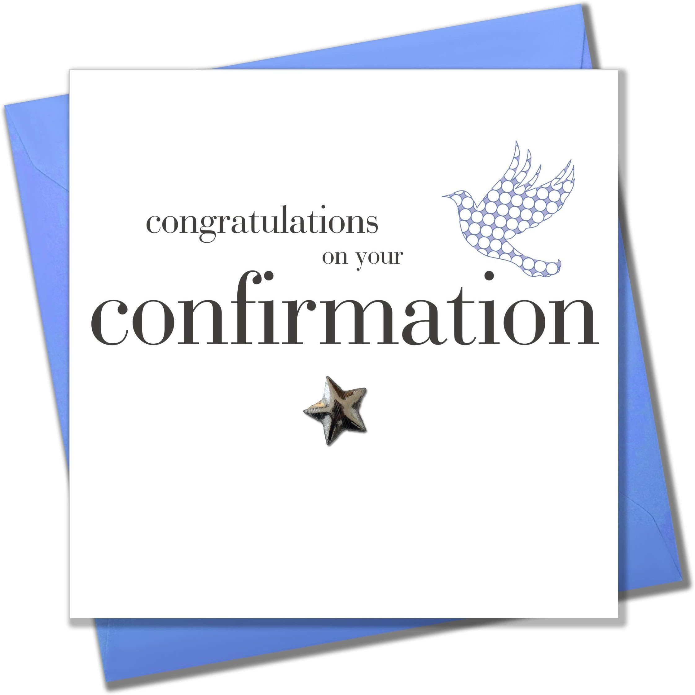 Confirmation Congratulations Card, Blue Dove design Religious Greeting Card, Embellished with a padded star