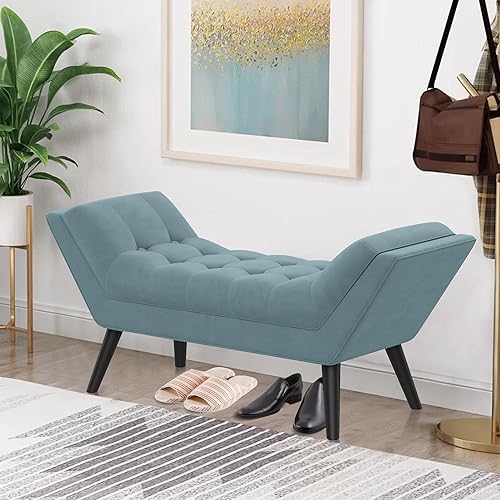 Miniatura 4 de Alunaune Banco otomano de terciopelo azul, banco de entrada tapizado para dormitorio, reposapiés de almacenamiento con patas de madera, 2 plazas