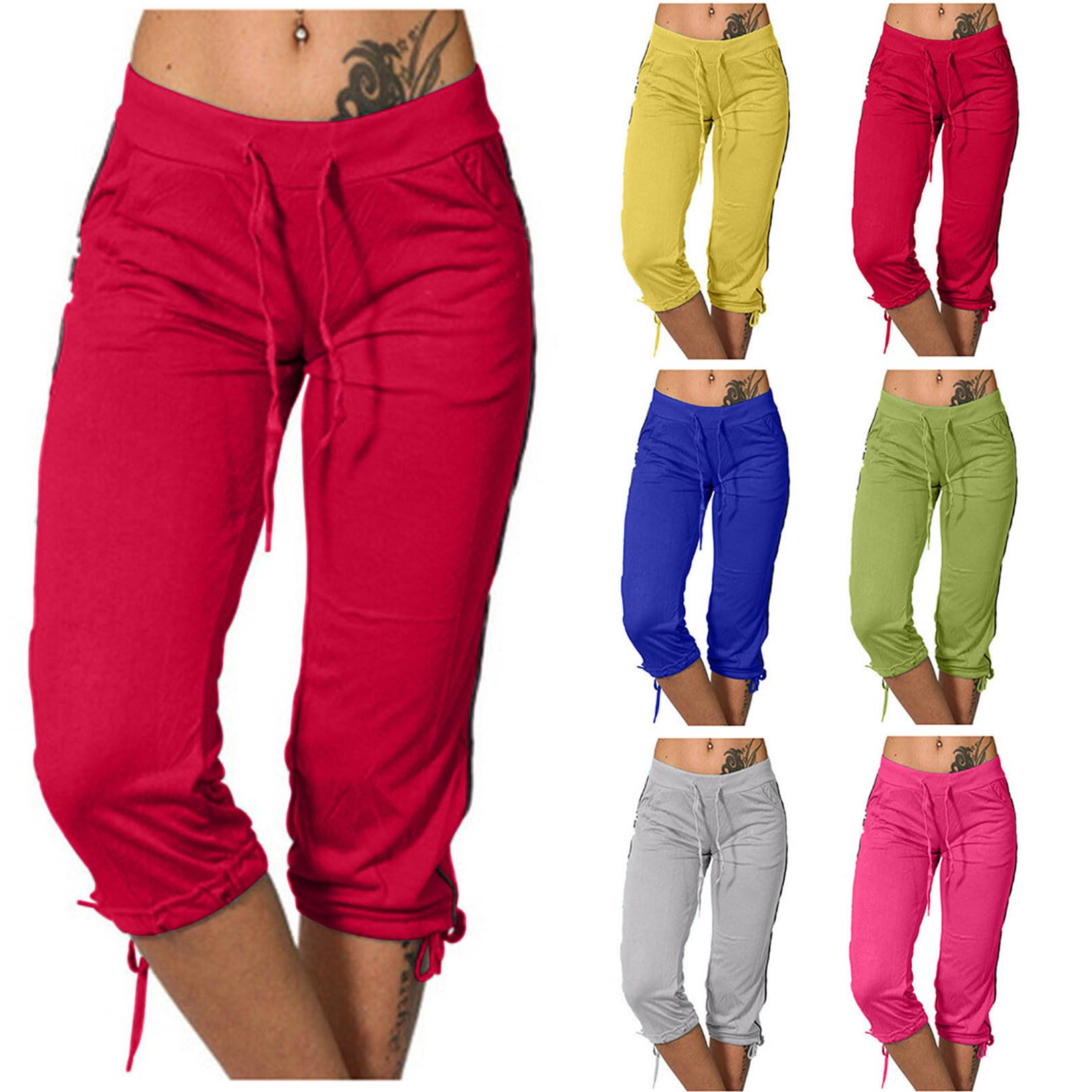 Casual Pants Womens 3 4 Length Elastic Waist Straight Leg Pant with Solid Color Pant Slim Fitting Pants