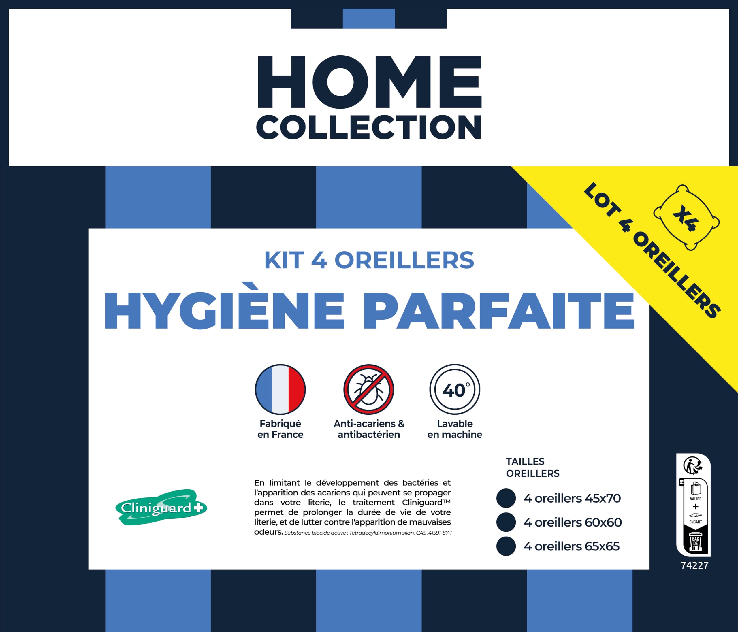 Bleu Calin Home Collection - Lot de 4 Oreillers Anti-Acariens 60x60cm, Gamme Hygiène Parfaite, Fabriqués en France